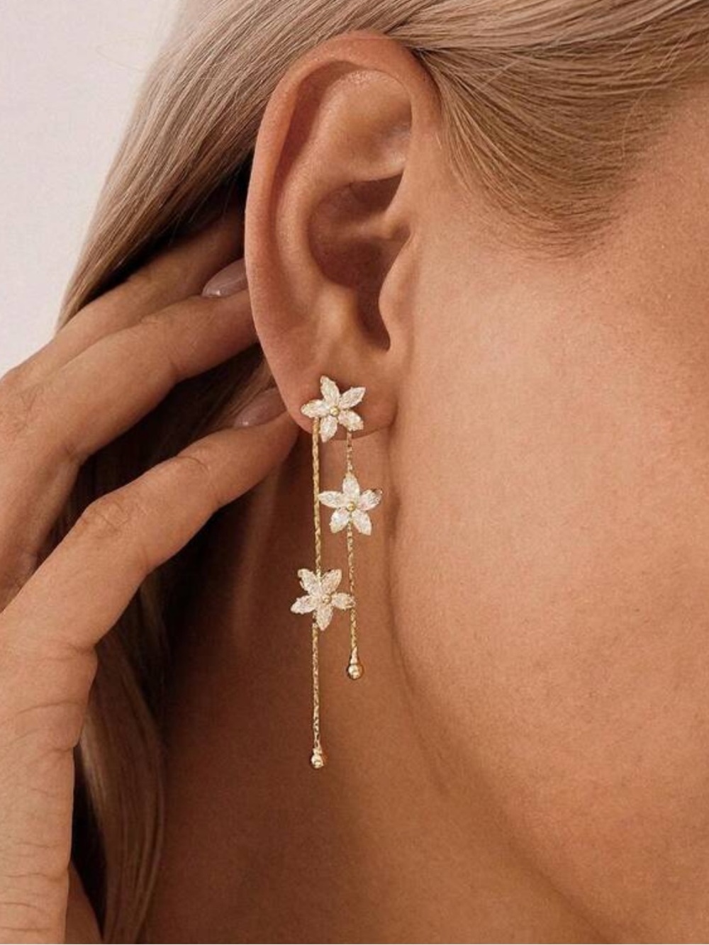 Gold Floral Drop Earrings with Crystal Accents - Gold